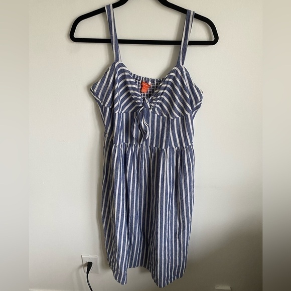 JOE Fresh Midi Linen Blend Front Know Striped Dress in Blue and White • M Medium - Picture 1 of 6